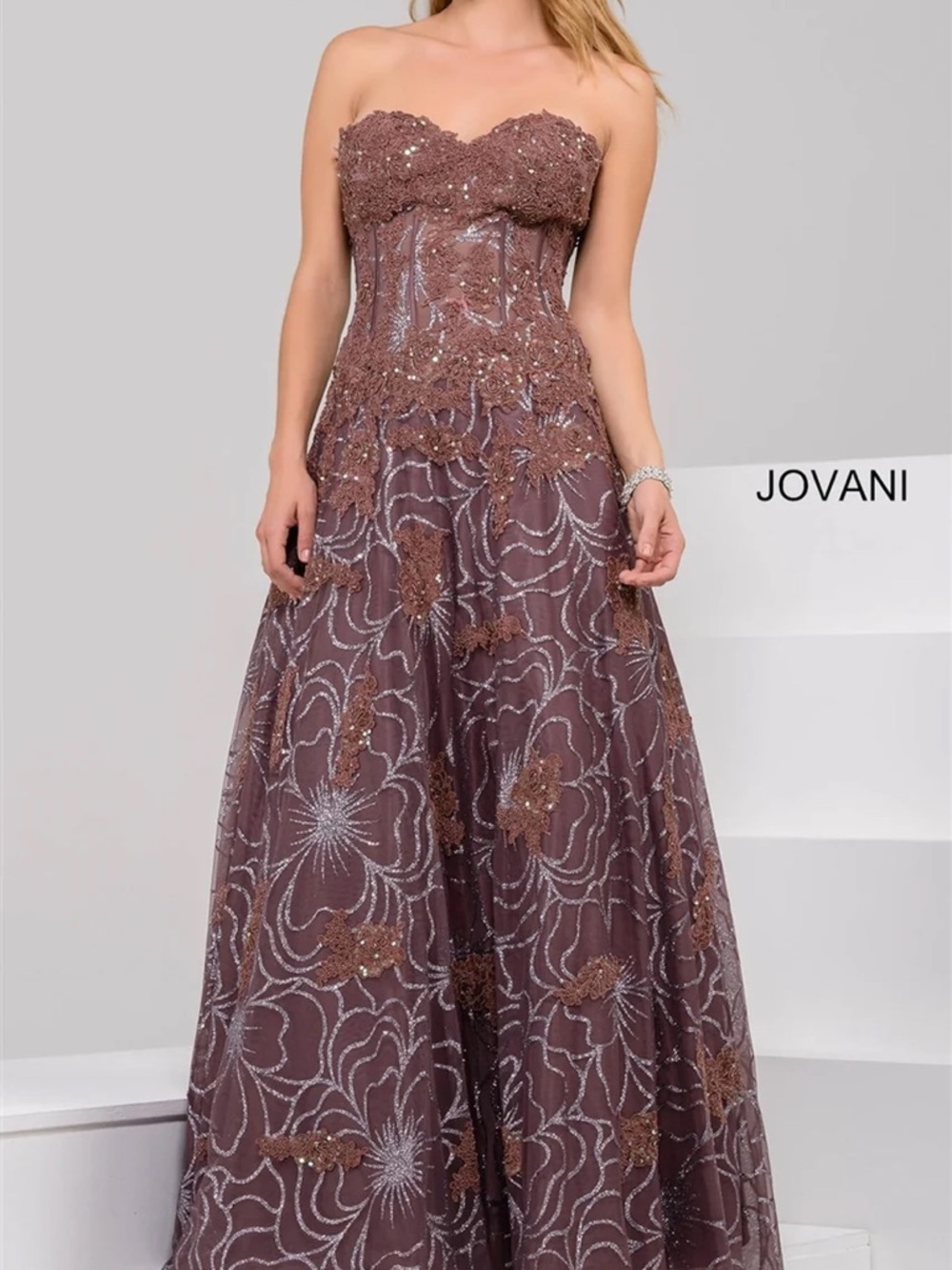 Jovani | Mauve Embellished Strapless Ball Gown Floral Sequin Overlay - Picture 2 of 7